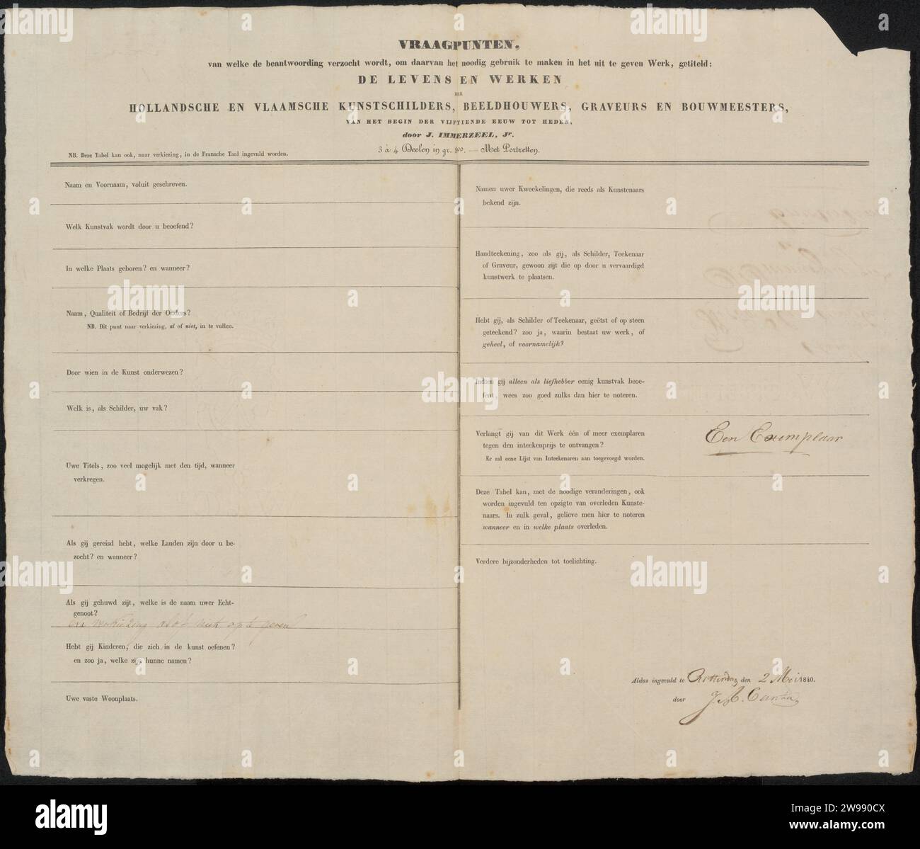 Survey form completed by Johannes Antonius Canta, Johannes Immerzeel ...