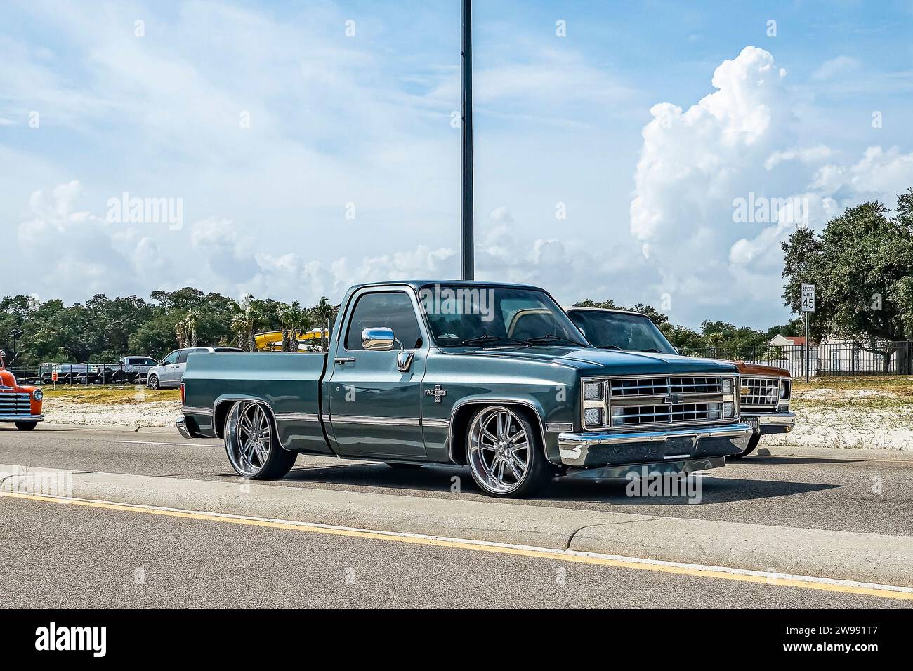 Gulfport, MS - October 05, 2023: High perspective front corner view of 1987 Chevrolet Silverado Pickup Truck at a local car show. Stock Photo