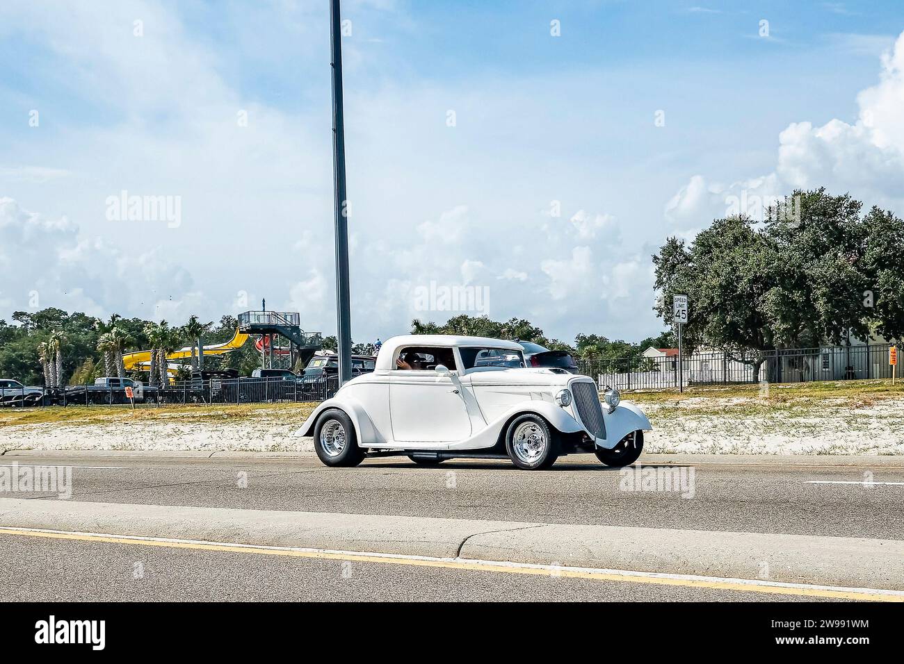 Gulfport, MS October 05, 2023 Wide angle front corner view of a 1934 Ford 3 Window Coupe at a