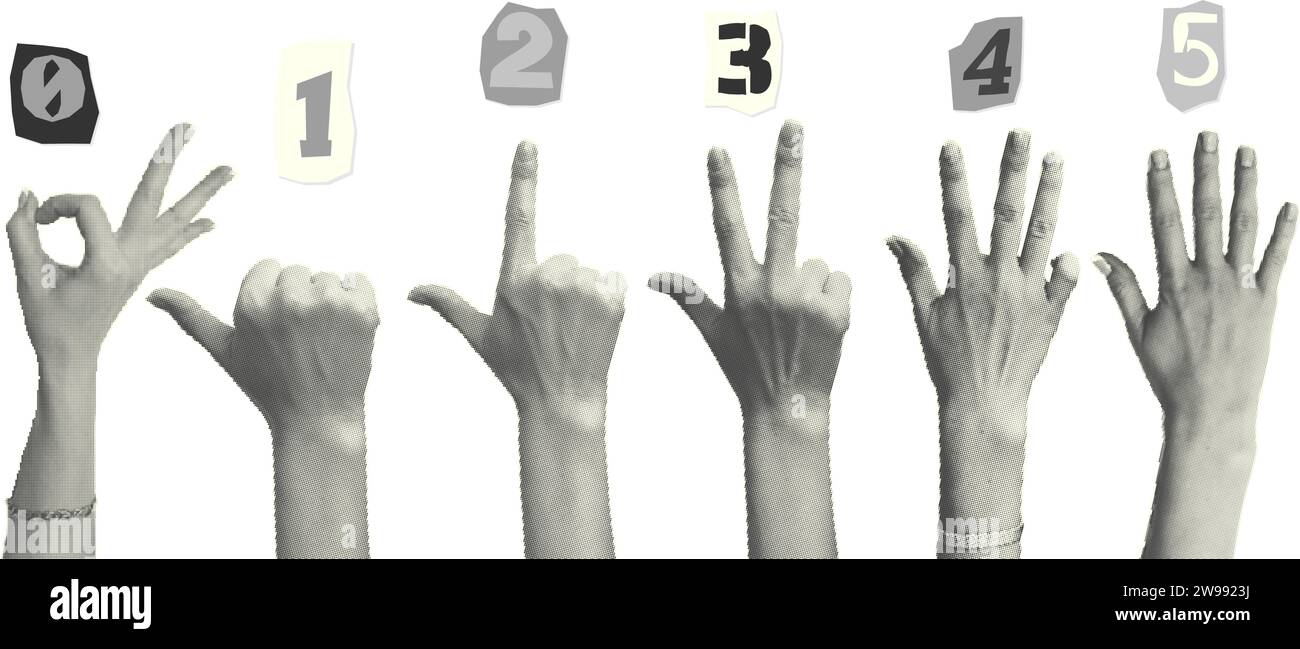 Set of halftone hands showing gestures counting from zero to five