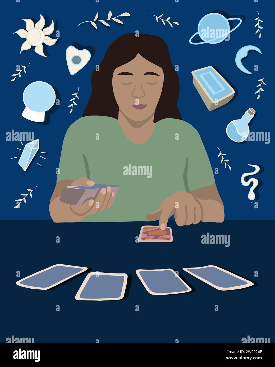 Vector isolated illustration of young girl fortune telling on tarot