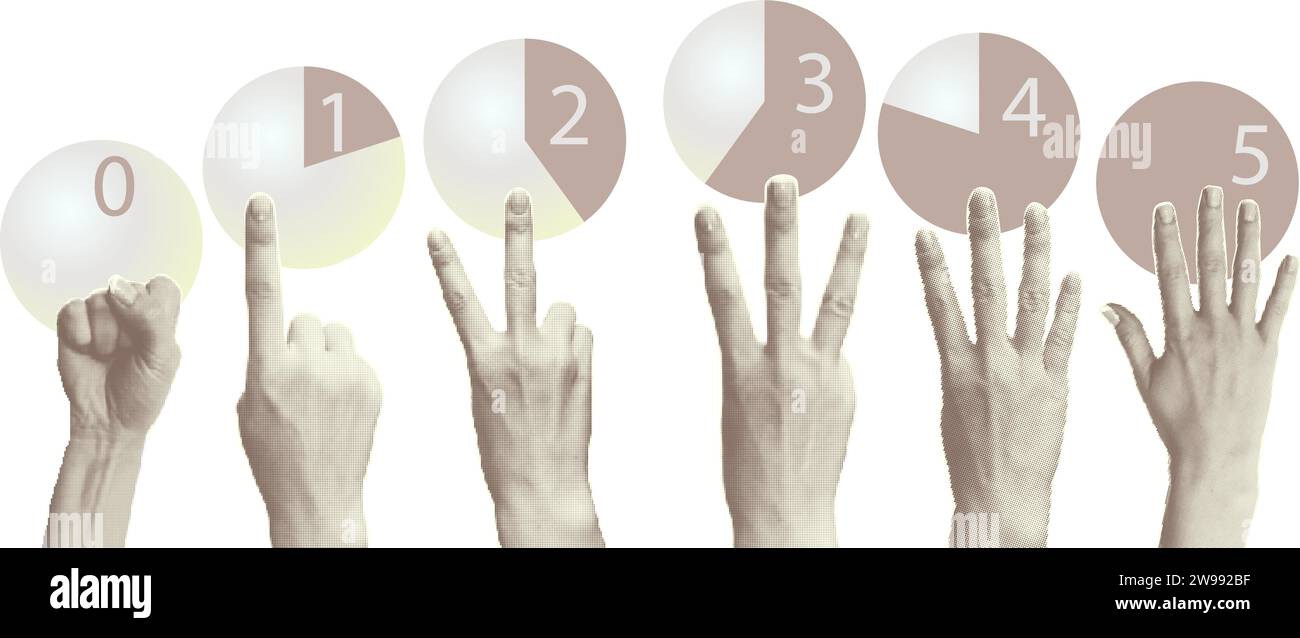 Set of halftone hands showing gestures counting from zero to five
