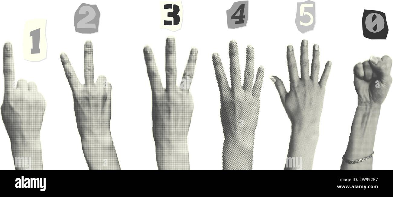 Set of halftone hands showing gestures counting from zero to five