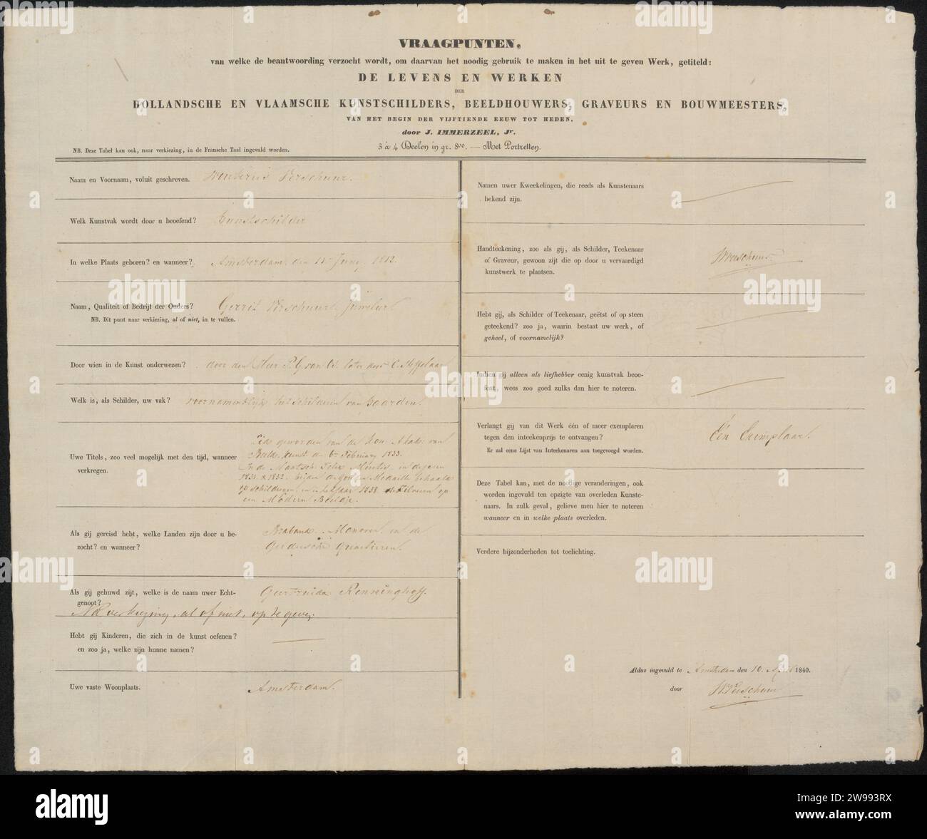 Survey form completed by Wouter Verschuur (1812-1874), Johannes ...