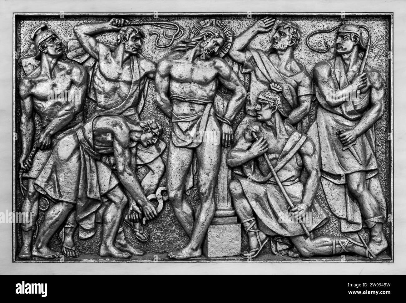 The Scourging at the Pillar – Second Sorrowful Mystery. A relief sculpture in the Basilica of Our Lady of the Rosary of Fatima in Fatima, Portugal. Stock Photo