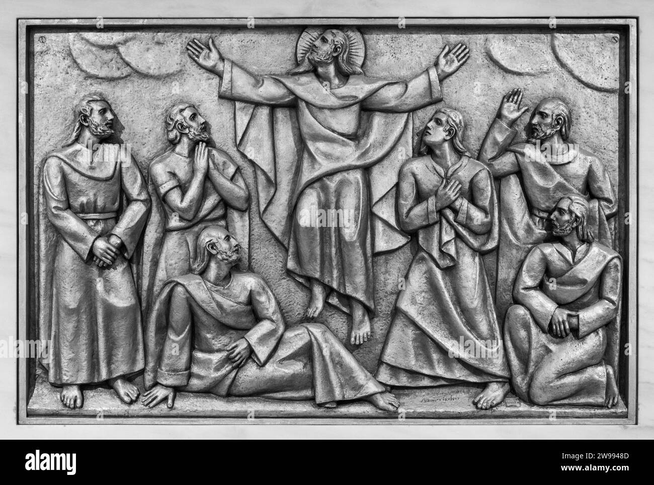 The Ascension of Jesus into Heaven – Second Glorious Mystery. A relief sculpture in the Basilica of Our Lady of the Rosary of Fatima. Stock Photo
