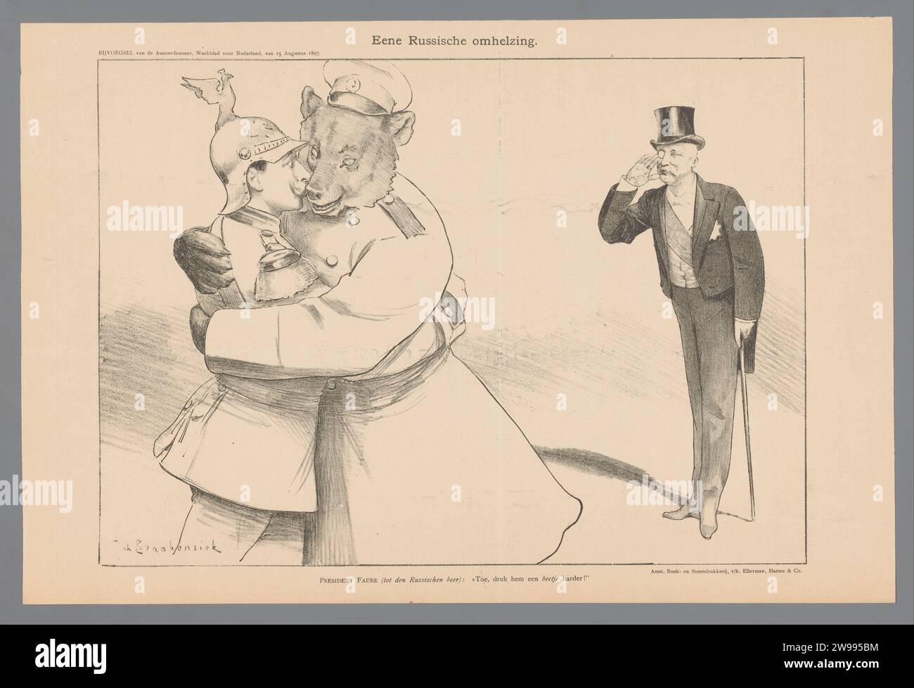 A Russian embrace, Johan Braakensiek, 1897   Amsterdam paper  personifications of countries, nations, states, districts, etc. (+ nation; national). alliance, league, union, foedus. historical persons. political caricatures and satires Stock Photo