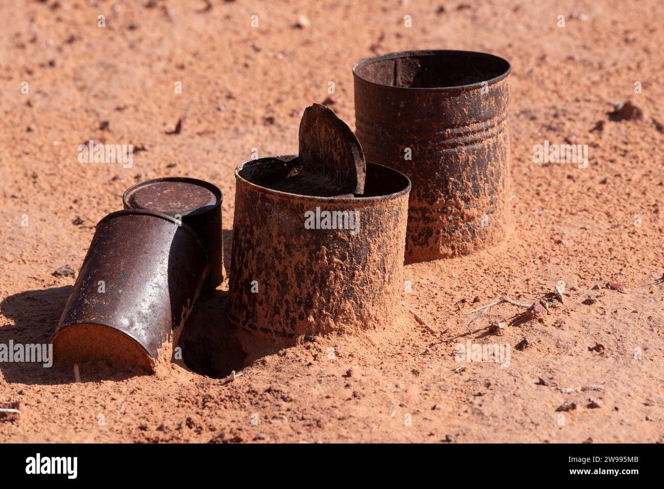 Old cans discarded in the desert, Canyonlands National Park, Utah. Stock Photo