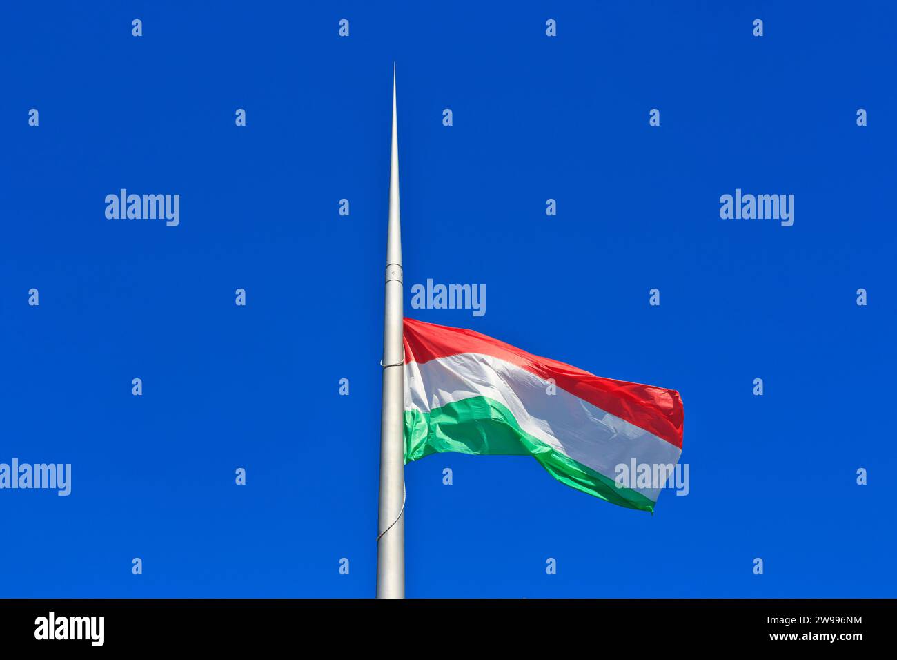 The national flag of Hungary flying proudly outside the Hungarian Parliament building in Budapest, Hungary Stock Photo