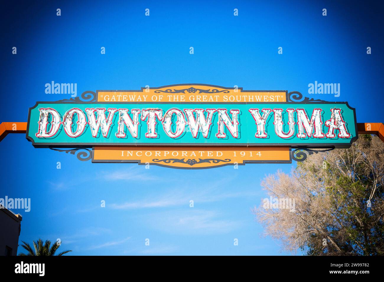 Downtown Yuma sign processed with vintage texture. Yuma, Arizona, USA