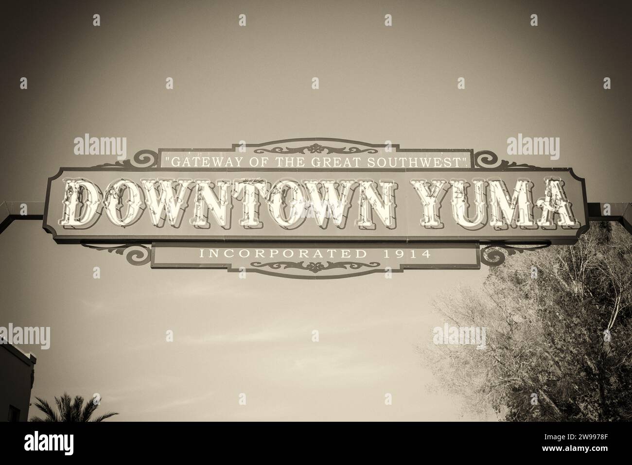 Downtown Yuma sign processed with vintage texture. Yuma, Arizona, USA