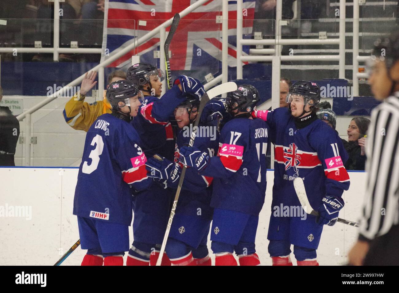 Dumfries, 14 December 2023. Great Britain celebrating a goal against China in a 2024 IIHF Ice Hockey U20 World Championship, Division II, Group A match at Dumfries Ice Bowl. Credit: Colin Edwards Stock Photo