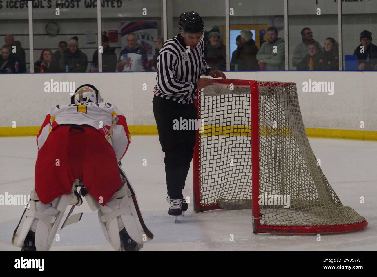 Dumfries, 14 December 2023. Netminder Chen Shifeng watching linesperson