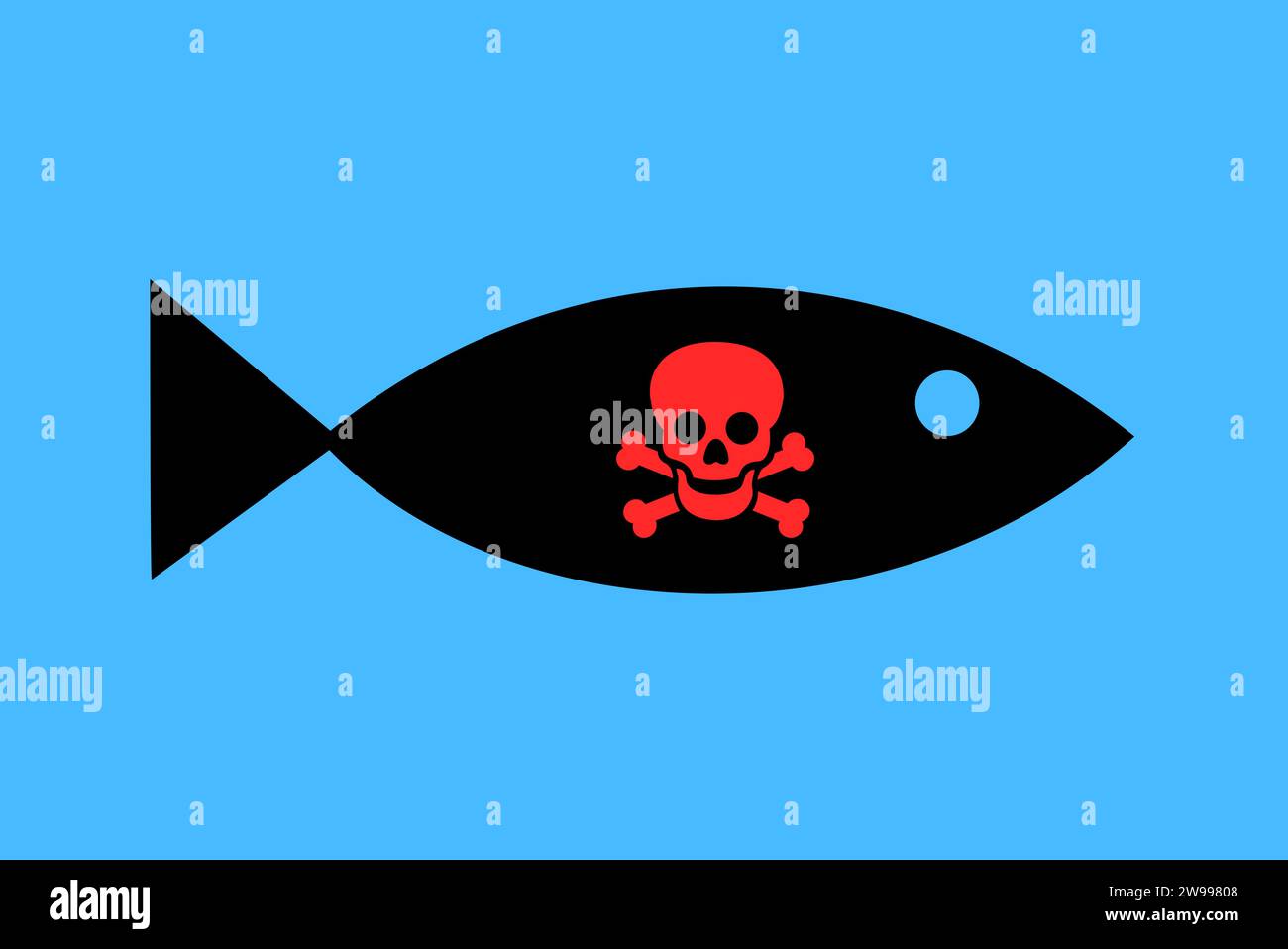 Fish with symbol, sign and pictogram of skull and bones. Aquatic animal