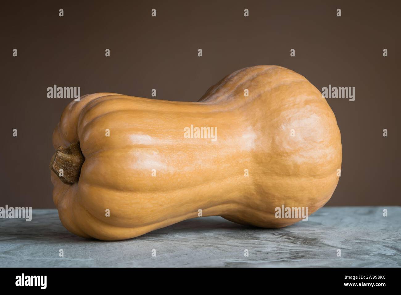 Butternut squash (Cucurbita moschata), known as butternut pumpkin or gramma lying on a marble tabletop Stock Photo