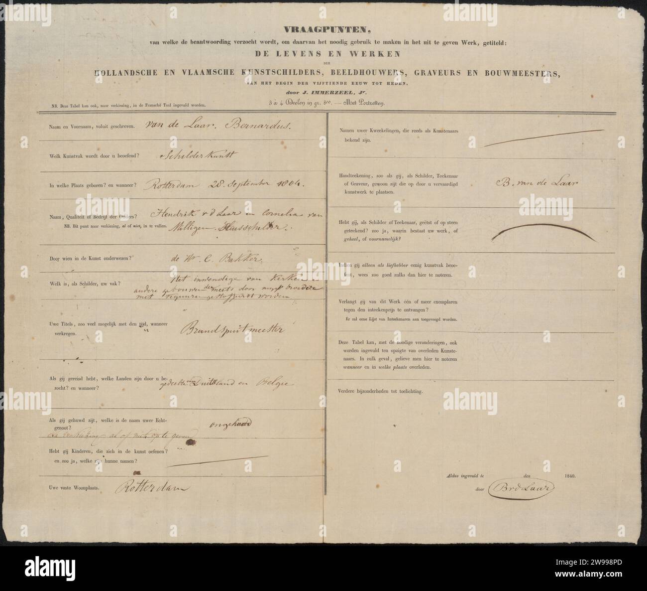 Survey form completed by Bernard van de Laar, Johannes Immerzeel, c ...