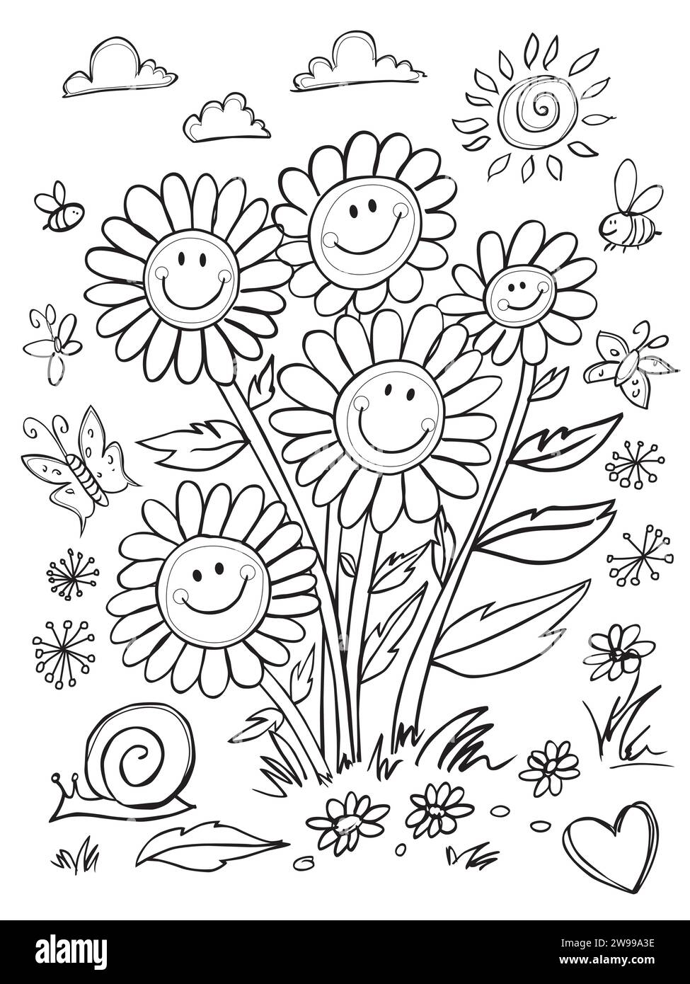 Vector cute black and white outlines happy daisy portrait with snail and butterflies illustration. Great colouring activity for kids. Stock Vector