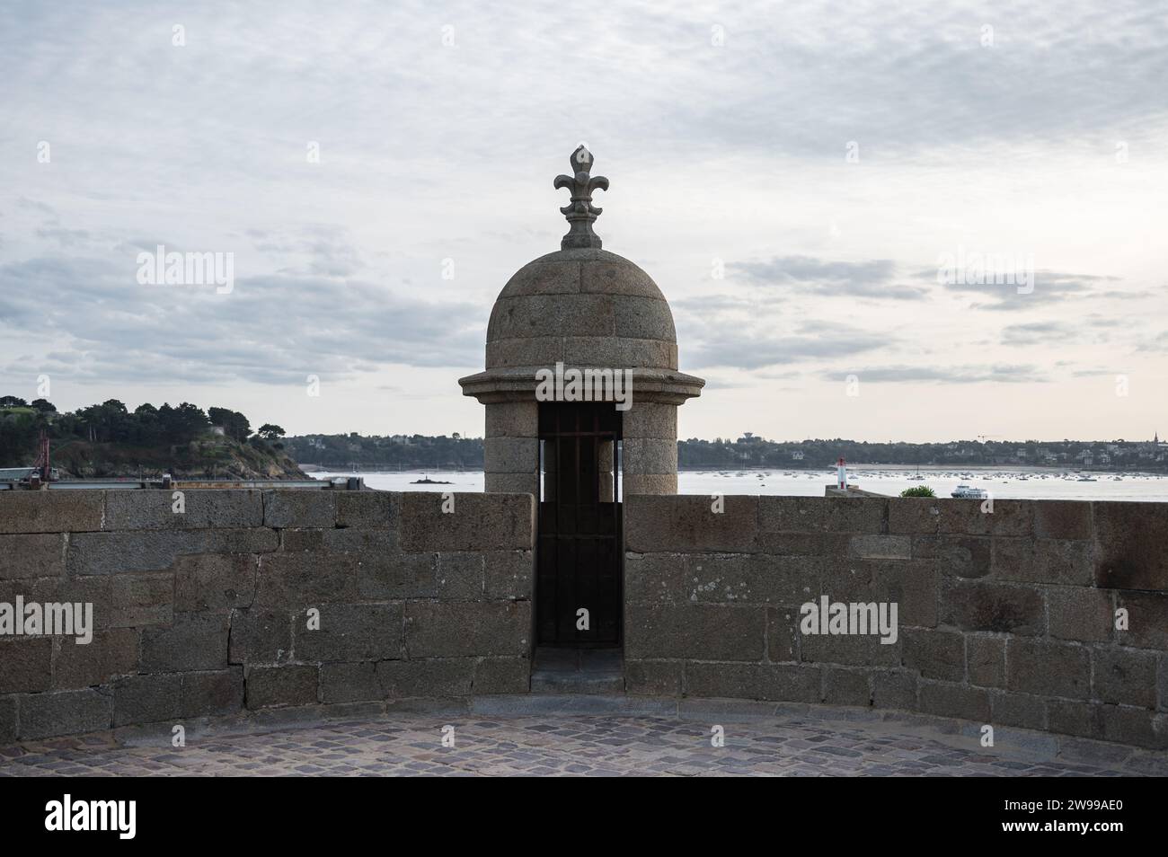 Detail of the stone sentry box on the wall of Saint Malo Stock Photo