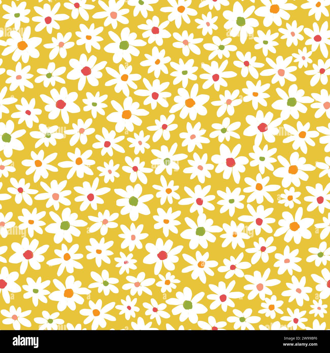 Vector yellow and white scattered fun daisy flowers repeat pattern with colourful center. Suitable for textile, gift wrap and wallpaper. Stock Vector