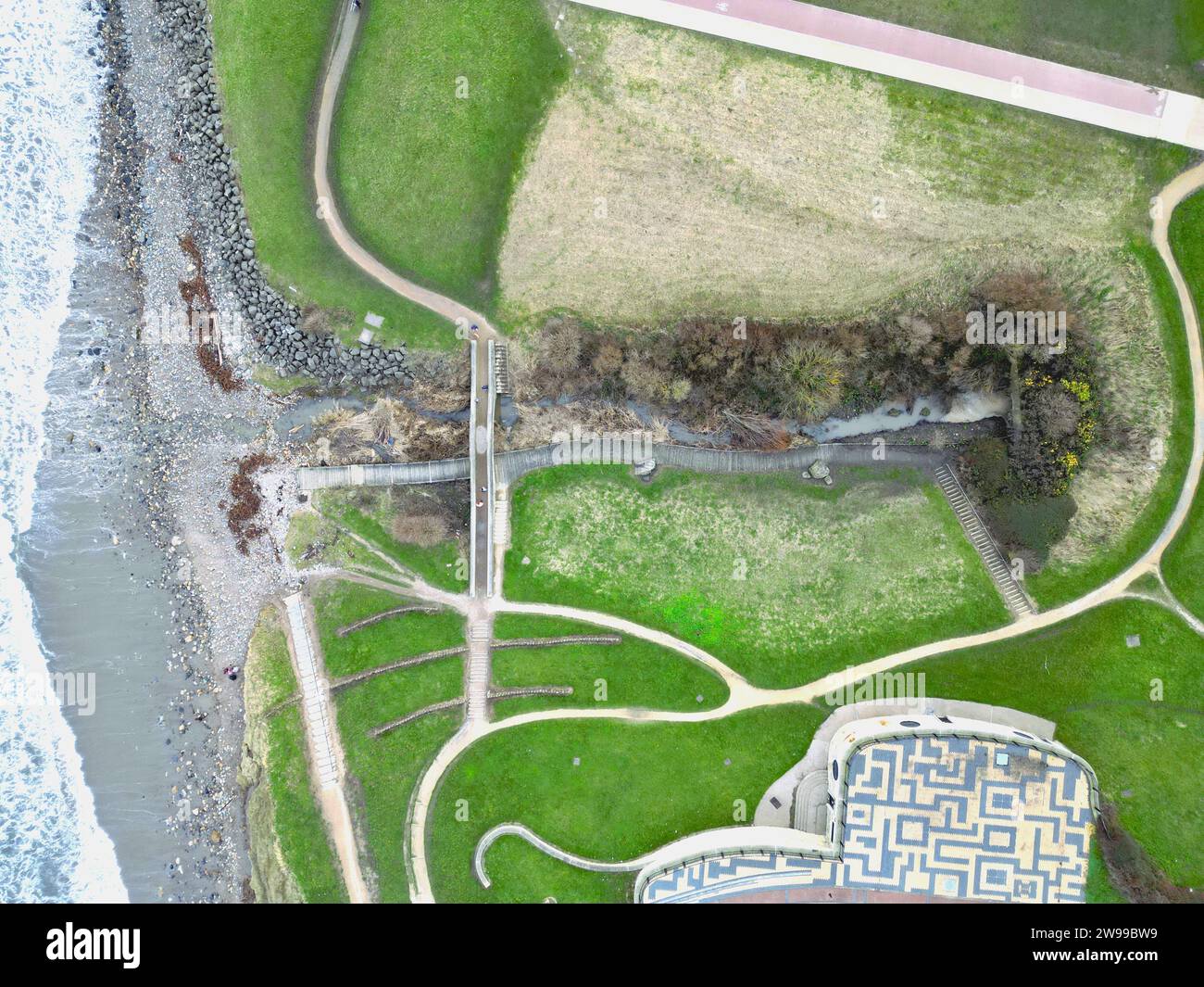 An aerial view of Brierdene Bridge, Whitley Bay Beach, England Stock