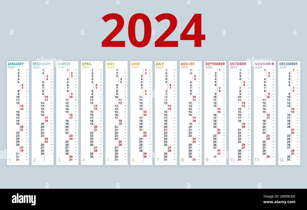 Vertical rainbow 2025 calendar vector, english language. 2025 Calendar