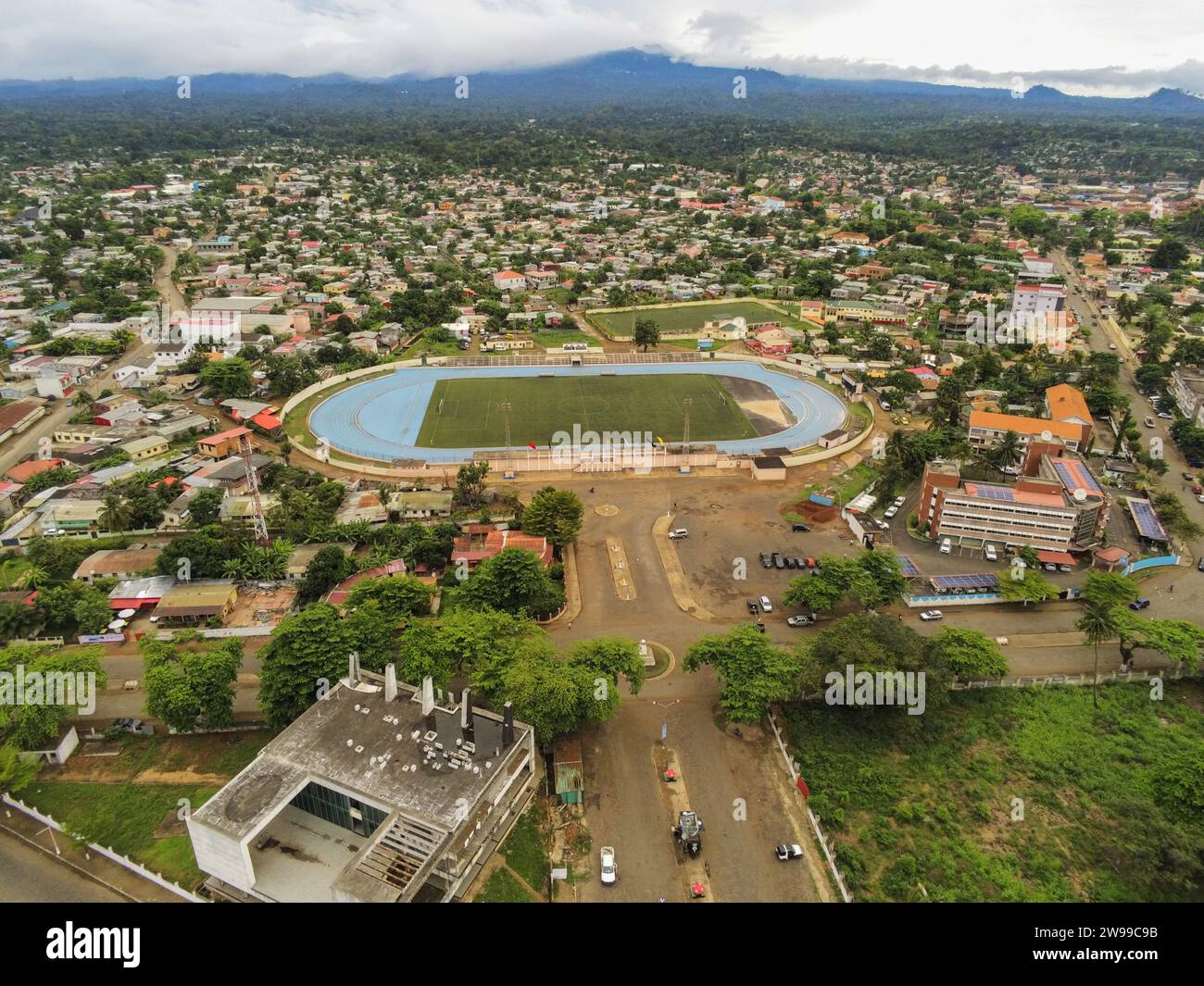 Aerial view from the football stadium and the City of Sao Tome e Principe,Africa Stock Photo