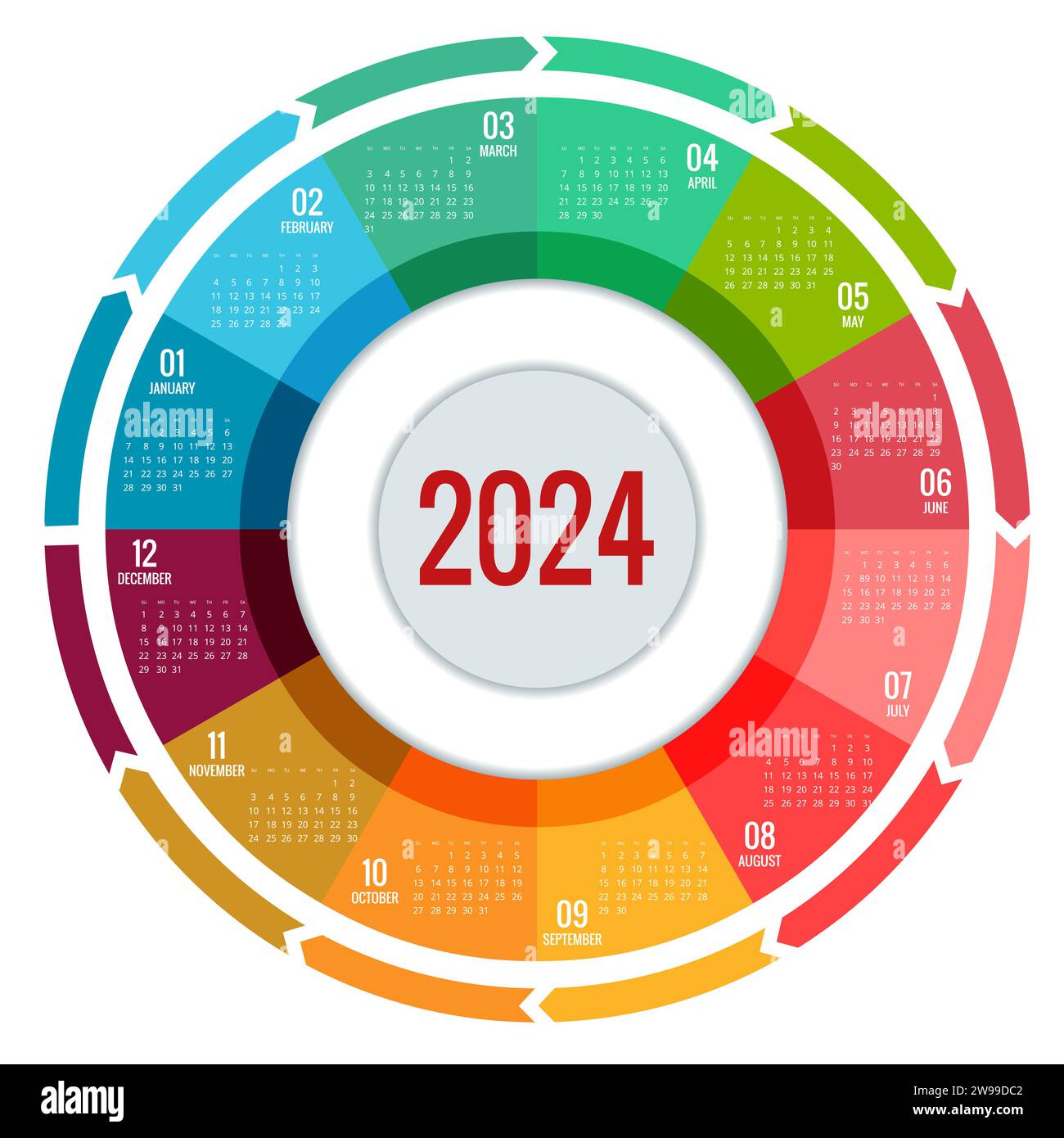Colorful round calendar 2025 Calendar. Portrait Orientation. Set of 12