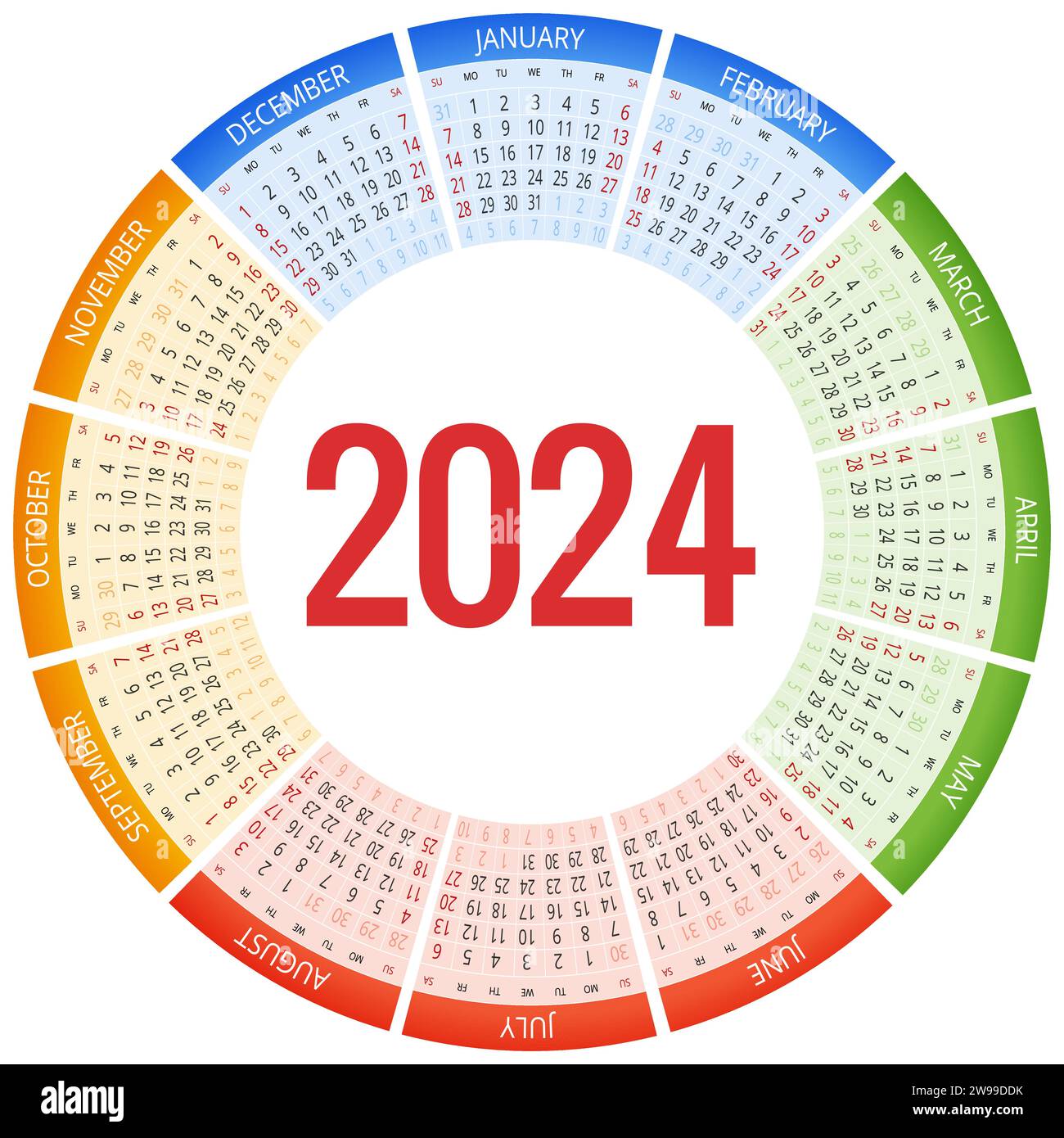 Colorful round calendar 2024 Calendar. Portrait Orientation. Set of 12