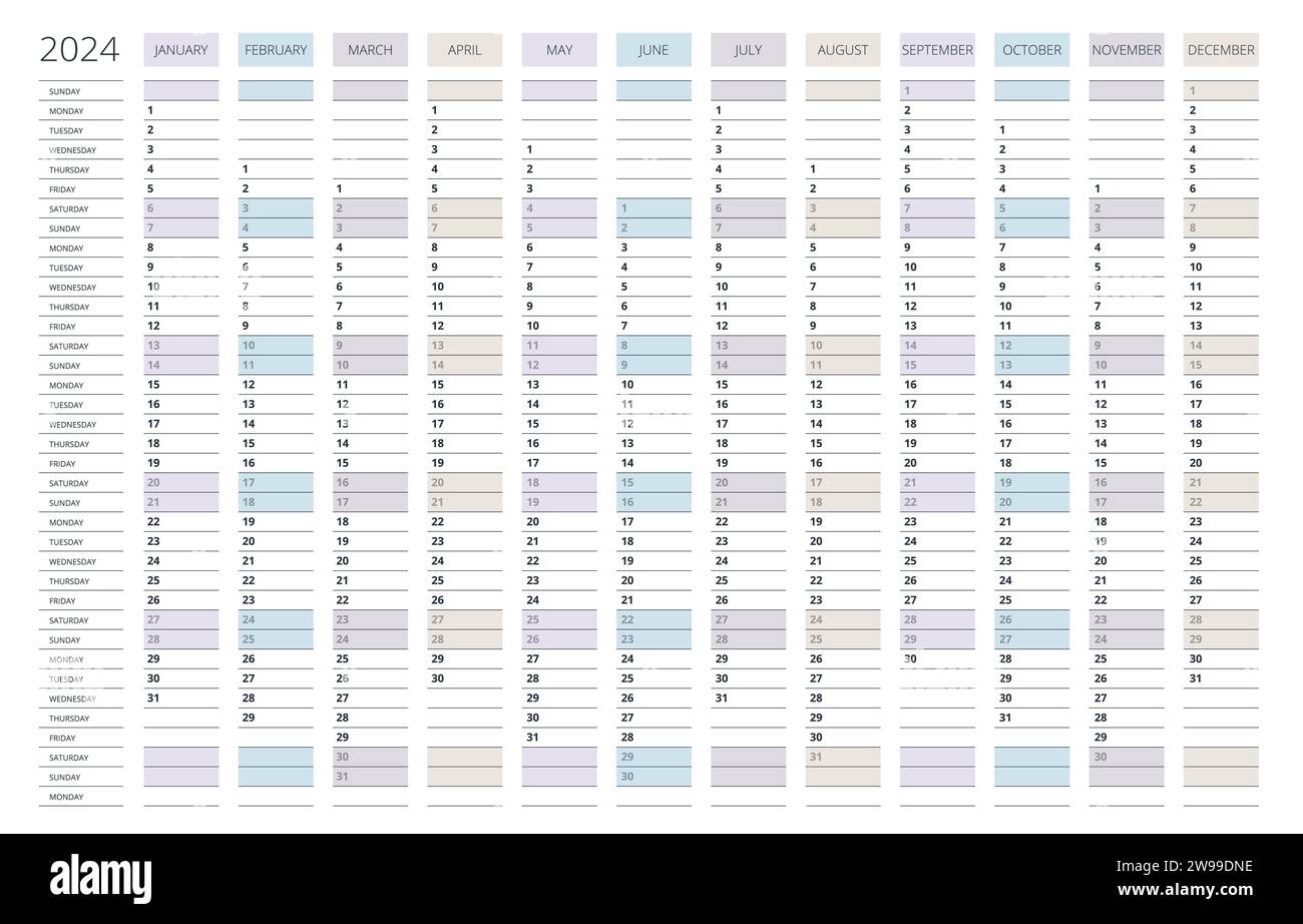 Vertical 2024 calendar vector, english language. 2024 Calendar of 12