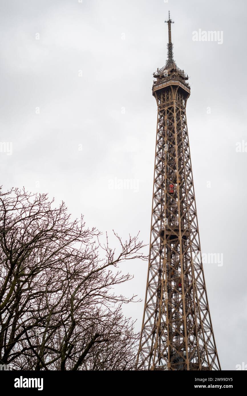 Autumn branches on the Eiffel Tower in Paris with its rising elevator - France Stock Photo