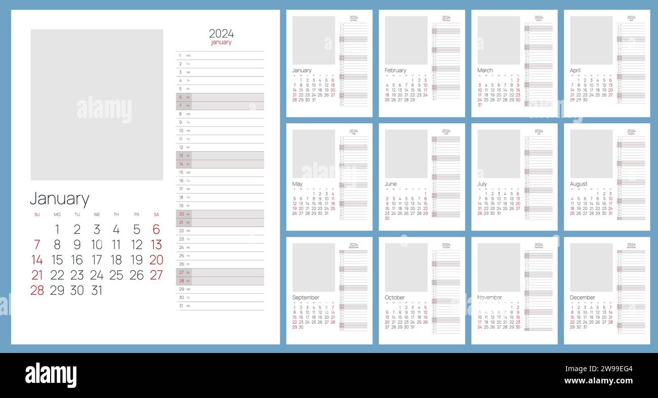 Calendar for 2024 year. Print template with place for photo. Set of 12