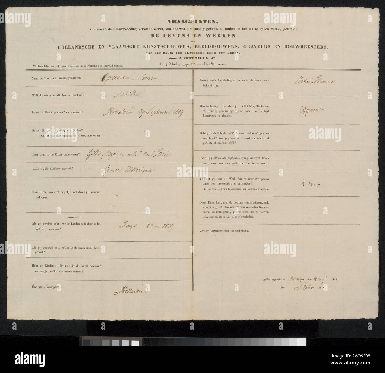 Survey form completed by Simon Opzoomer, Johannes Immerzeel, 1840 ...