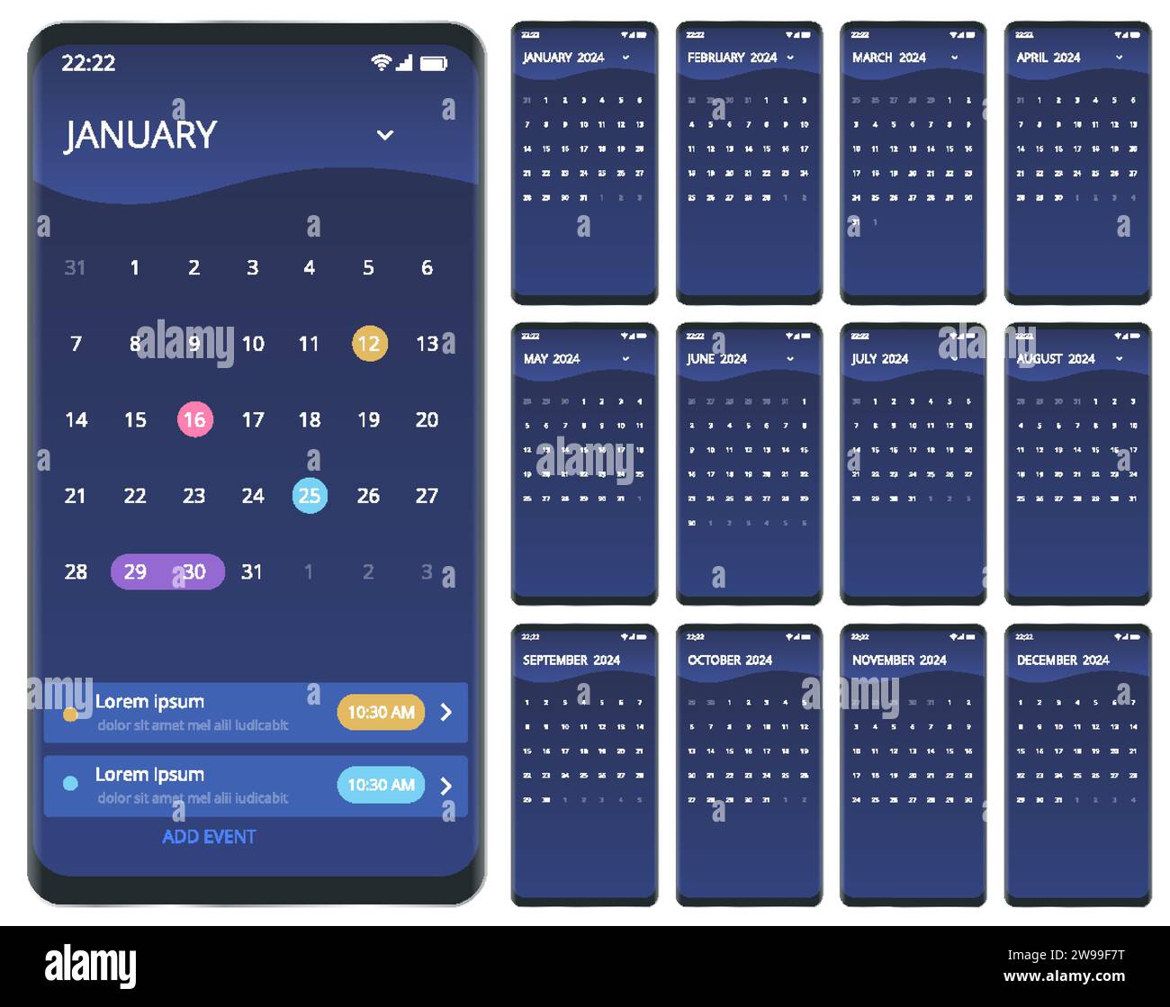 Calendar planner for 2024. Calendar for 2024 year. Smartphone with a