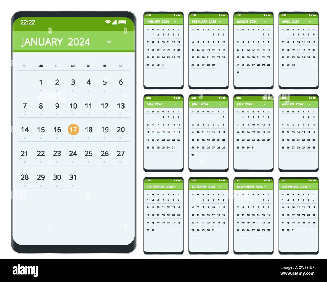 Calendar planner for 2024. Calendar for 2024 year. Smartphone with a