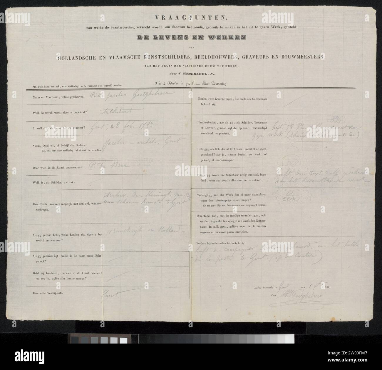 Survey form completed by Pierre Jacques Goetghebuer, Johannes Immerzeel ...