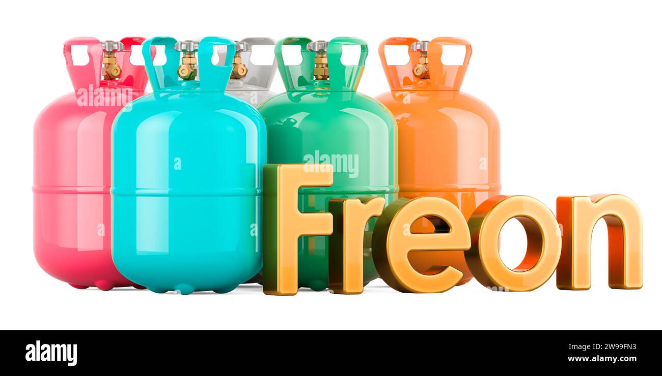 Gas cylinders with freon, 3D rendering isolated on white background Stock Photo