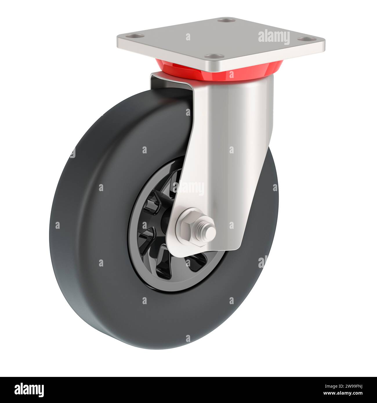 One swivel caster wheel for trolley. 3D rendering isolated on white