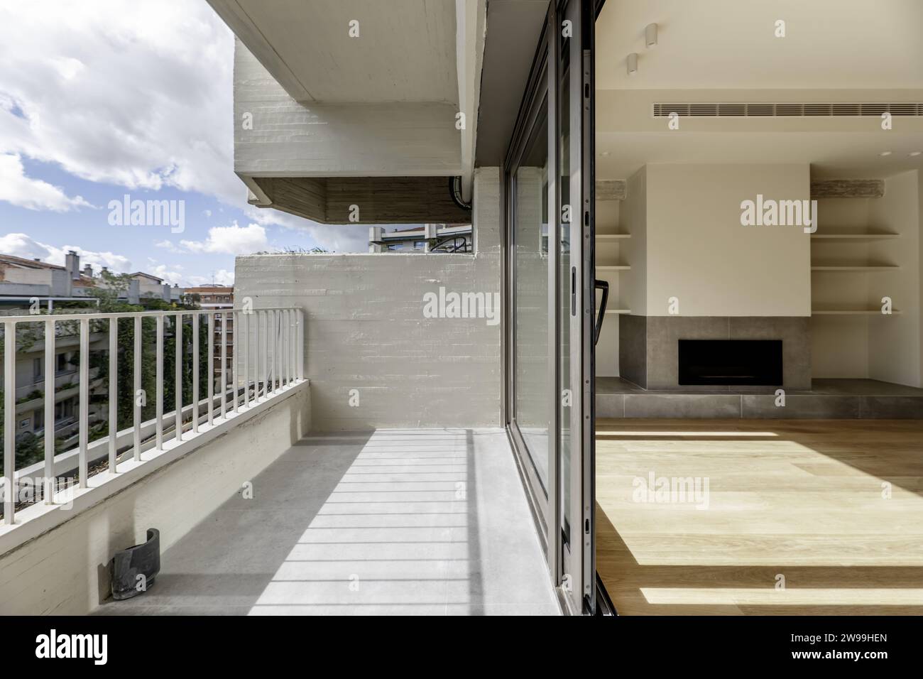 Terrace of a house with a living room with fireplace Stock Photo