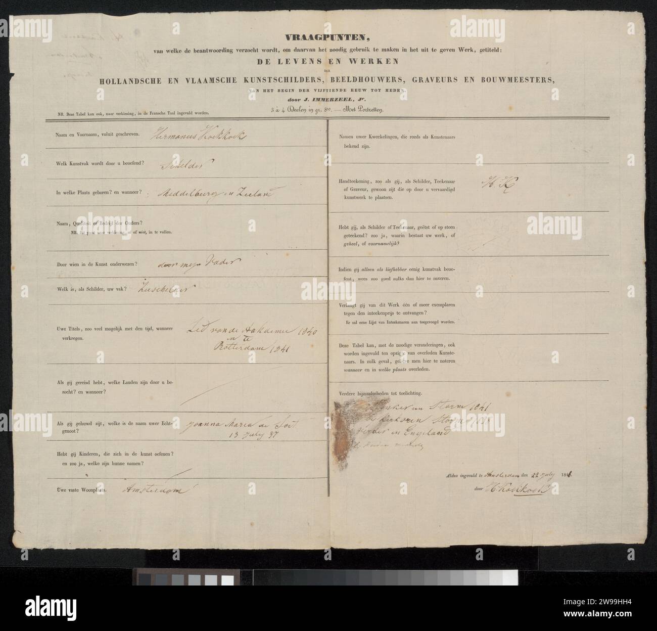 Survey form completed by Hermanus Koekkoek (I), Johannes Immerzeel, 1841 manuscript  Amsterdam paper. ink writing (processes) / pen / printing Stock Photo