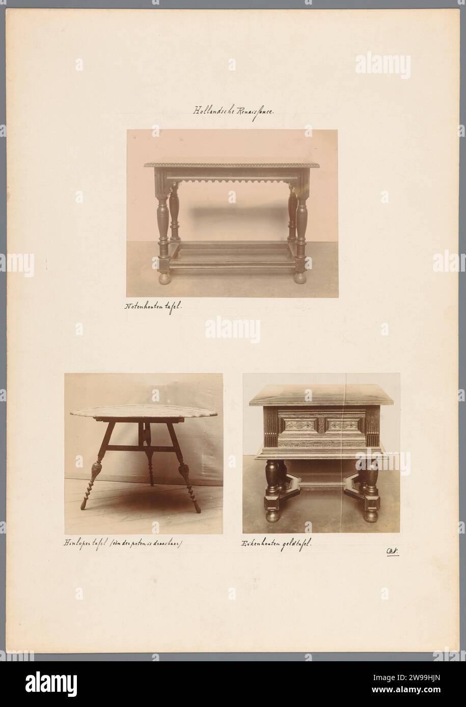 Overview of three wooden tables, c. 1875 - c. 1900 photograph Above a nuthood table, below a three -legged Hindelooper table, below an oak table applies. Netherlands cardboard. photographic support  table Netherlands Stock Photo