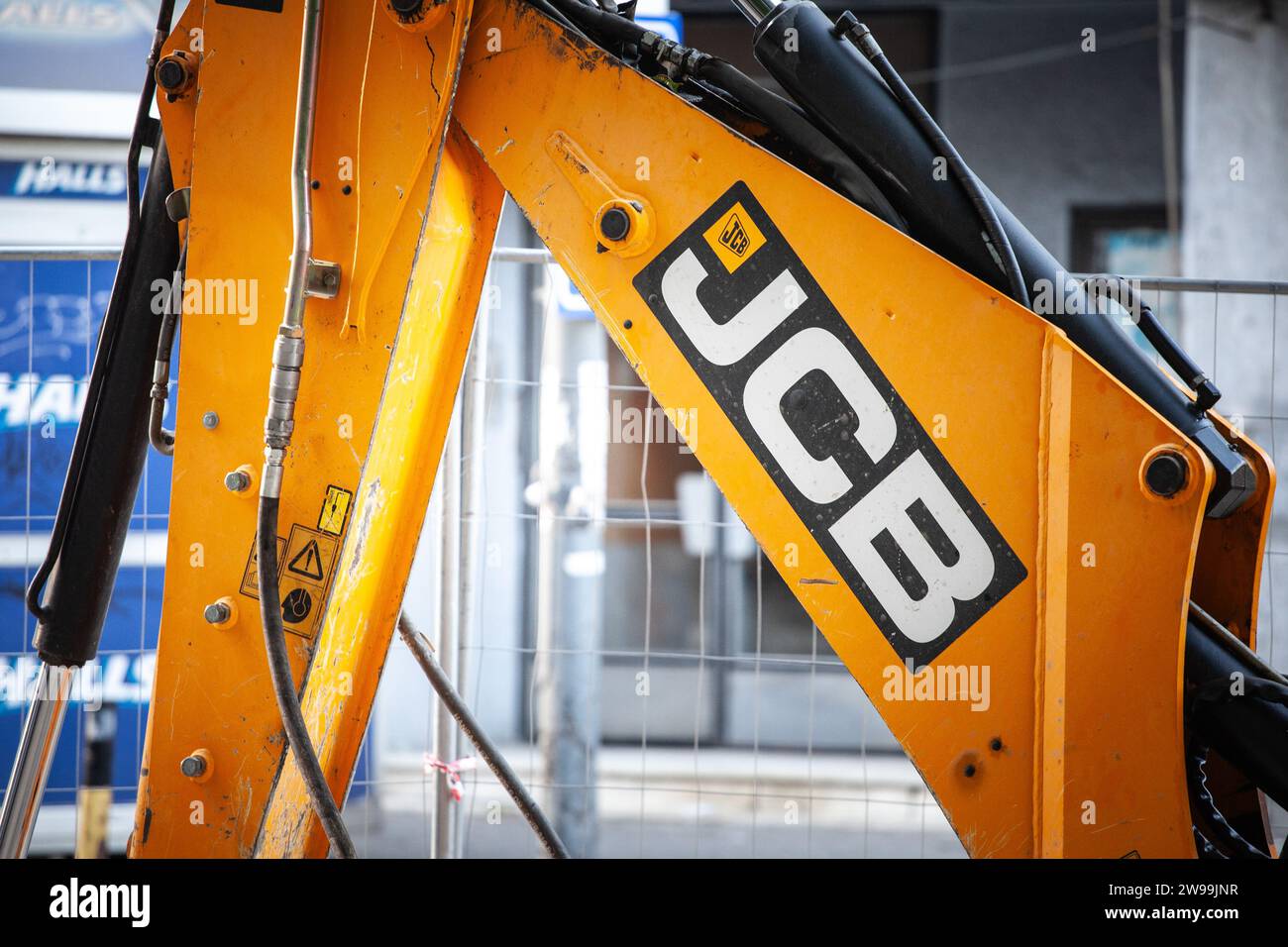 Picture of a logo of JCB on an excavator in a construction site in Belgrade, Serbia. J.C. Bamford Excavators Limited (JCB) is a British multinational Stock Photo