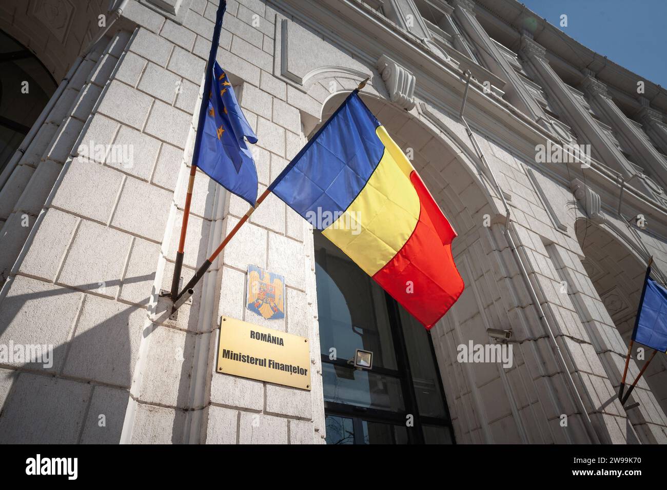 Picture of the entrance to the romanian ministry of finances in Bucharest, Romania. The Ministry of Finance of Romania is one of the fifteen ministrie Stock Photo
