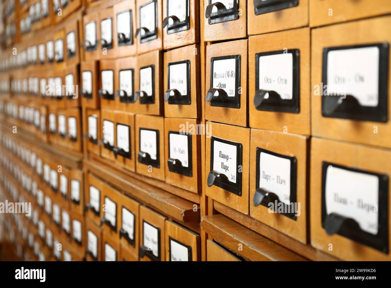 Closeup view of library card catalog drawers Stock Photo Alamy