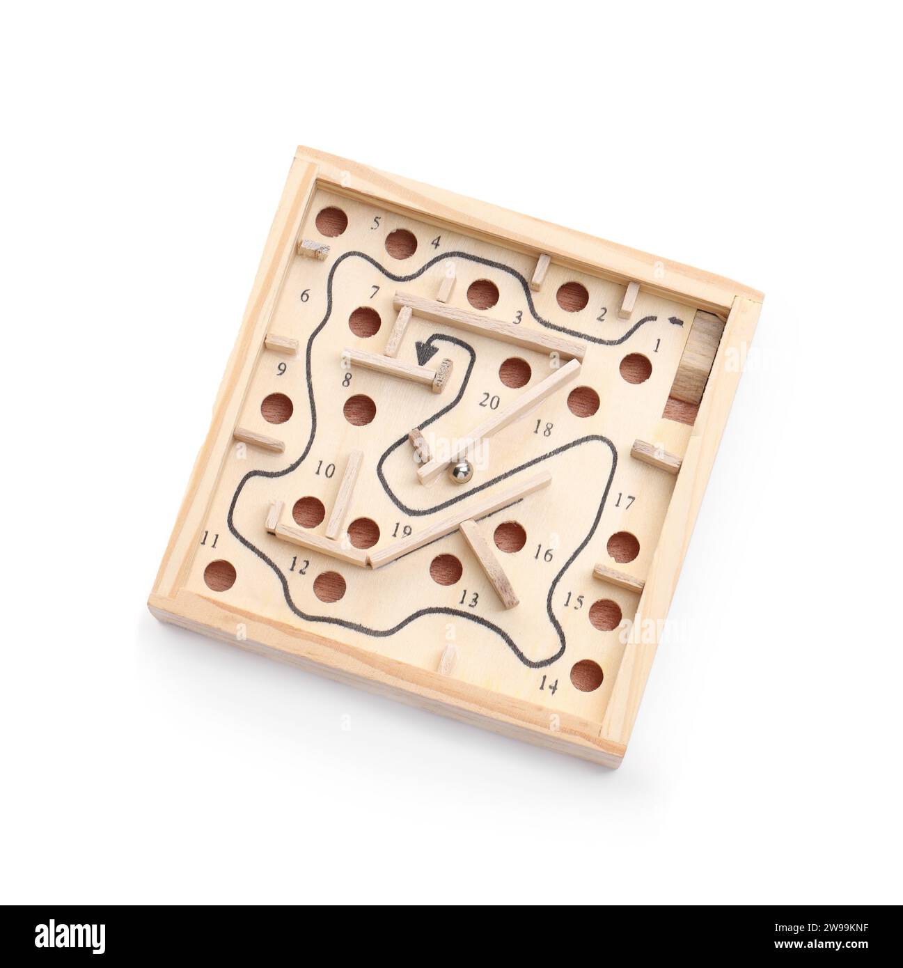 Wooden toy maze with metal ball isolated on white, top view Stock Photo