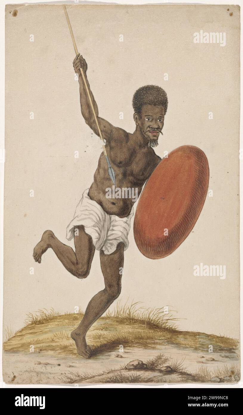 Malagassic warrior with Assegai and Schild, c. 1675 - c. 1725 drawing Black warrior in a white member cloth. He is wearing a Assegaai (spear) and a red shield. Netherlands (possibly) paper. watercolor (paint)  Africans Madagascar Stock Photo
