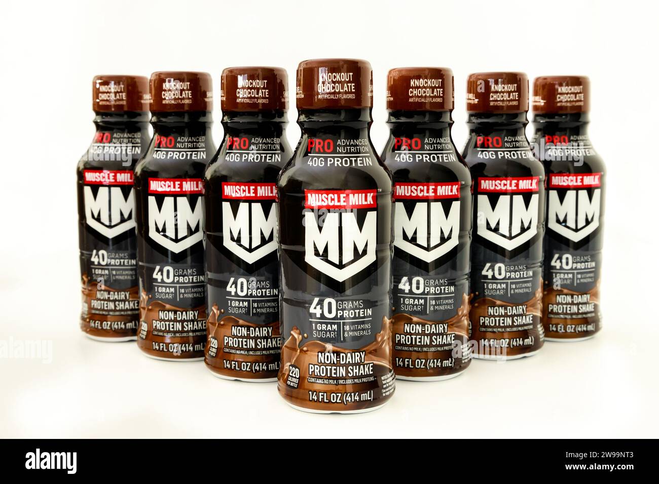 Bottles of chocolate protein shake from the Muscle Milk brand. Stock Photo