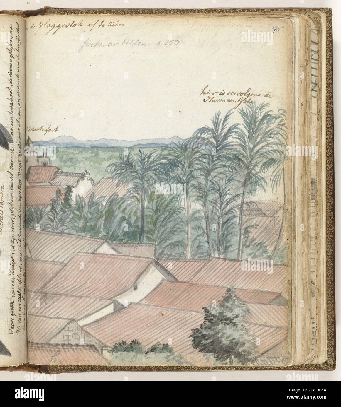View over Galle, Jan Brandes, 1785 - 1786 drawing Cole color drawing with the black fort. With inscription. Part of Jan Brandes' sketchbook, dl. 2 (1808), p. 175 and see 148-150. (This drawing hears to the right of part 2, p.150.) Galle paper. pencil. watercolor (paint) brush city-view in general; 'veduta' Galle Stock Photo