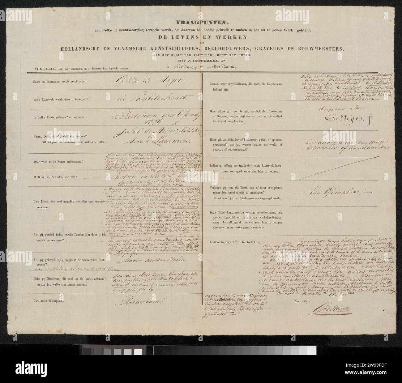 Survey form completed by Gillis de Meijer, Johannes Immerzeel, 1840 ...