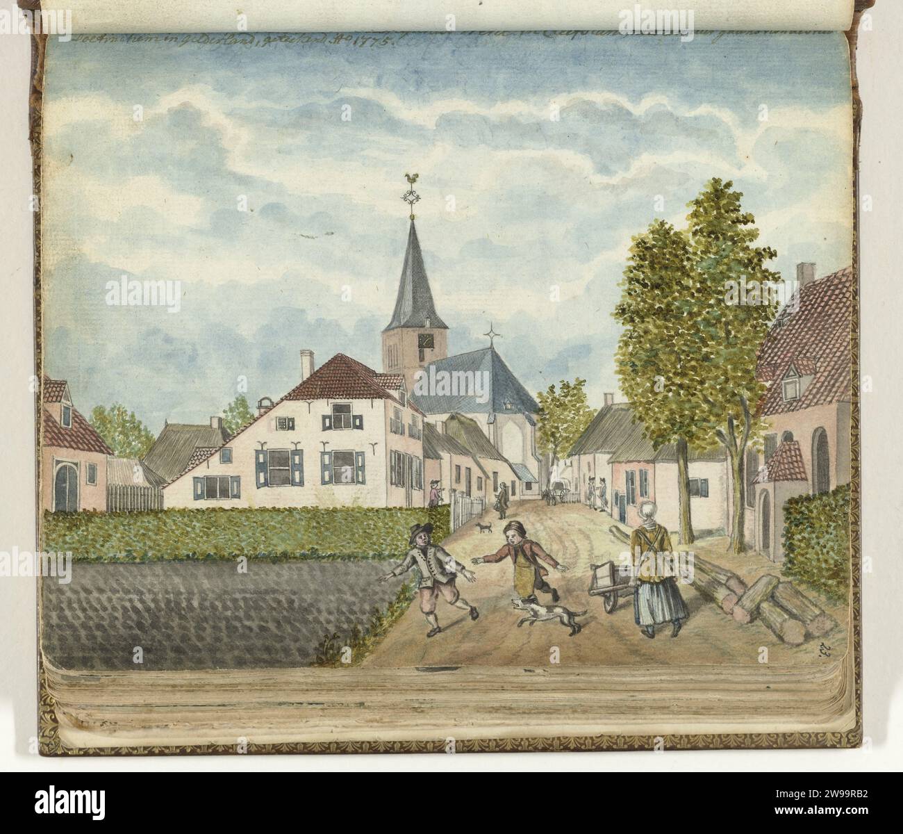 The village of Wehl in Cleefsland, Jan Brandes, 1775 drawing Color drawing. Face of the village of Wehl 'an hour gang' by Doetinchem. A unpaved road to the church with houses on either side. Children playing in the foreground and a woman with a wheelbarrow. Behind are two men and two soldiers. With inscription. Part of Jan Brandes' sketchbook, dl. 1 (1808), p. 23. Wehl paper. pencil. watercolor (paint) brush prospect of village, silhouette of village (+ city(-scape) with figures, staffage) Wehl Stock Photo