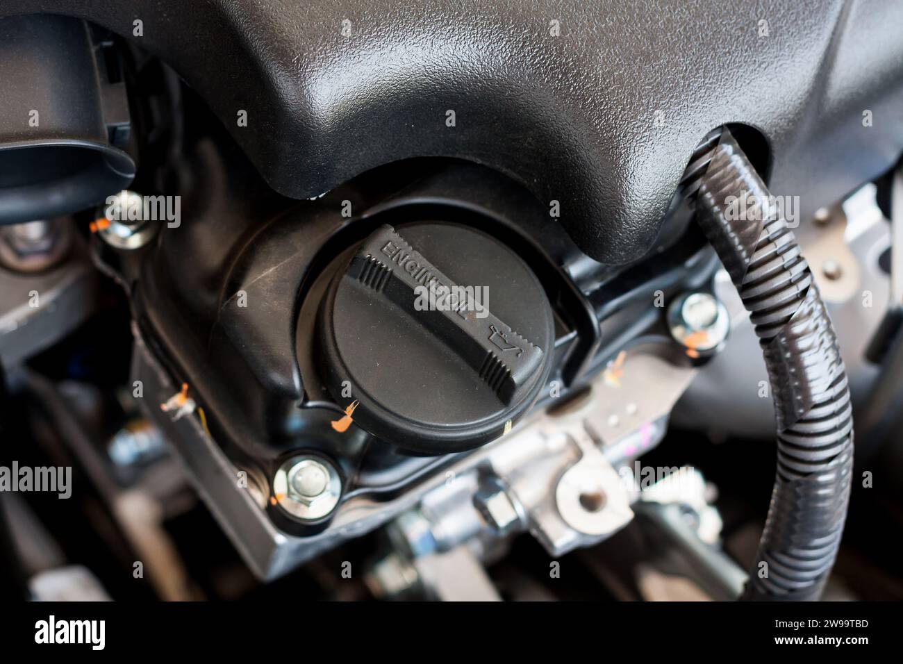 closeup engine oil cap in car engine Stock Photo Alamy